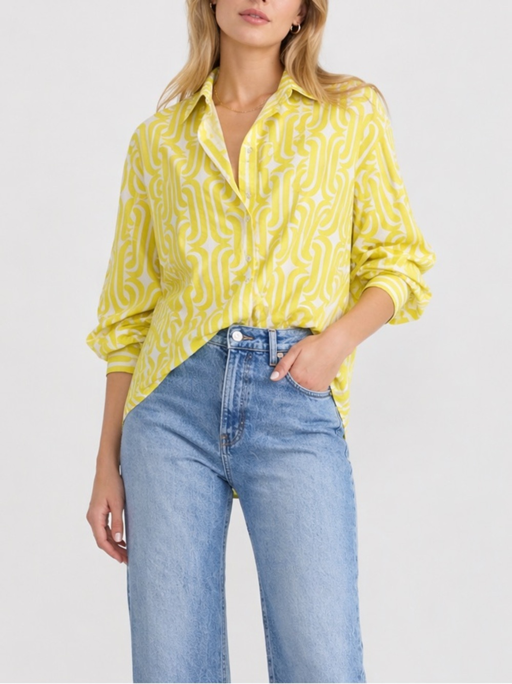 Velvet by Graham & Spencer Chartreuse Yellow‎ Print Button Front Blouse